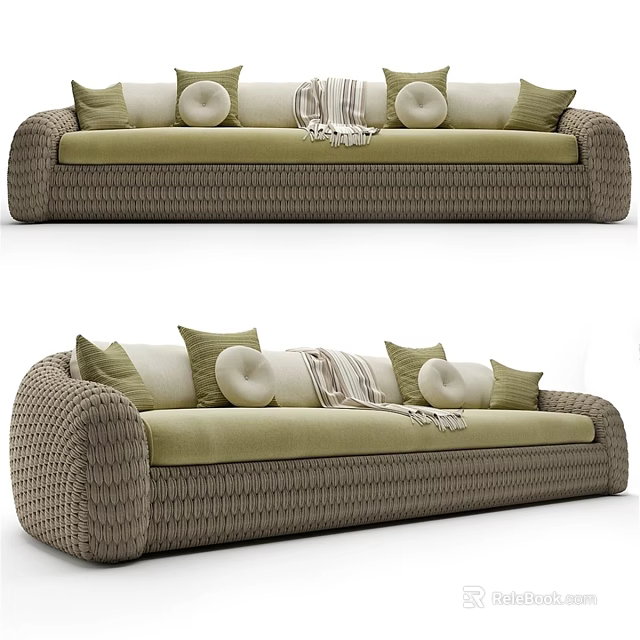 Brown Woven Two Seater Sofa With Green Cushions And Throw Blanket 3d model 
