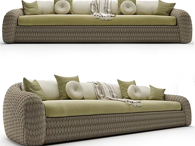 Brown Woven Two Seater Sofa With Green Cushions And Throw Blanket 3d model