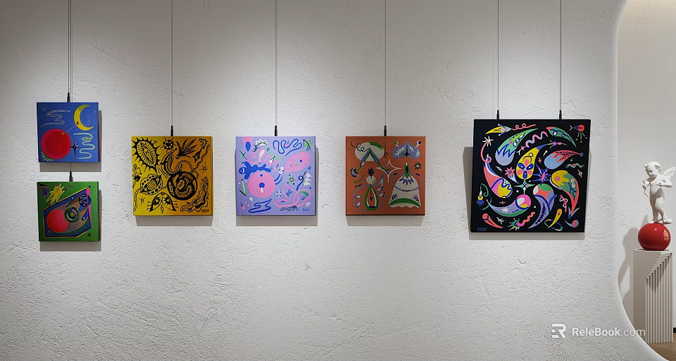 Colorful Abstract Paintings With Various Patterns Hanging On White Gallery Wall 3d model