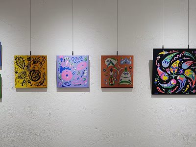 Colorful Abstract Paintings With Various Patterns Hanging On White Gallery Wall 3d model