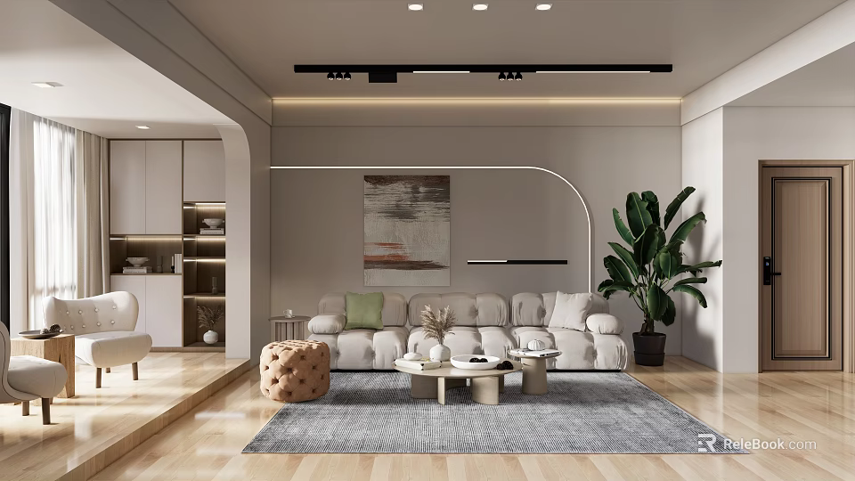 Modern Living and Dining Room Interior With Sofa Coffee Table And Large Plant 3d model 