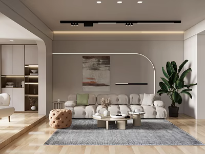 Modern Living and Dining Room Interior With Sofa Coffee Table And Large Plant 3d model