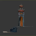 Traditional Chinese Architecture Model With Red Door Orange Roof Gray Walls And Steps