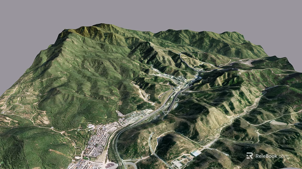 Garden Landscape Design With Green Mountain Slopes Winding Roads And Valley Buildings 3d model 