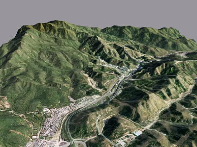 Garden Landscape Design With Green Mountain Slopes Winding Roads And Valley Buildings 3d model