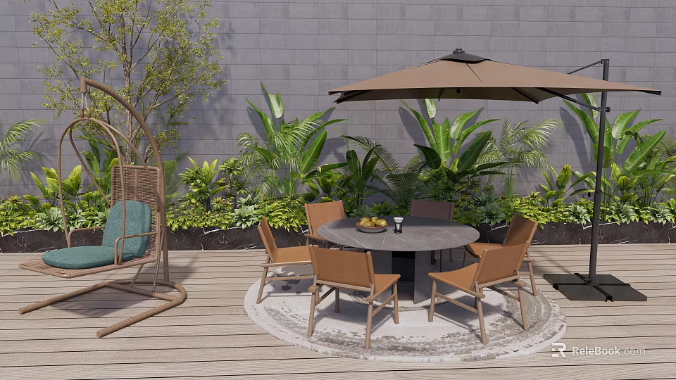 Outdoor Table And Chairs Set With Umbrella On Wooden Deck Surrounded By Green Plants 3d model 