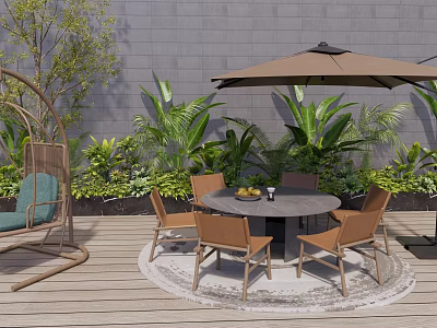 Outdoor Table And Chairs Set With Umbrella On Wooden Deck Surrounded By Green Plants 3d model