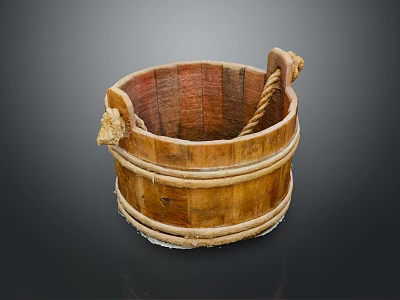 Vintage Handmade Wooden Bucket With Rope Handles For Home Decor And Use 3d model