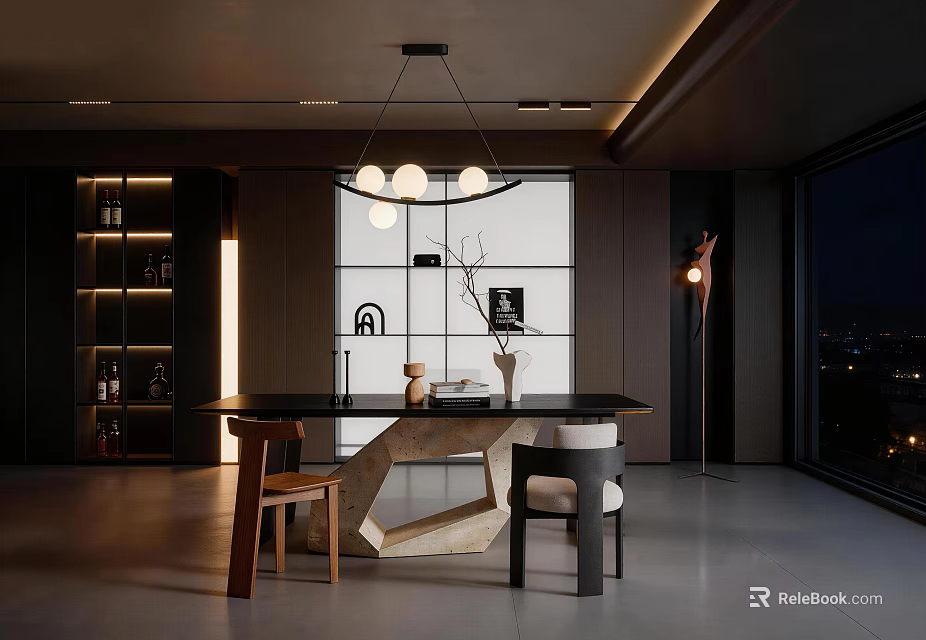 Modern Restaurant Interior With Hanging Pendant Lights Marble Dining Table Chairs And Large Windows 3d model 