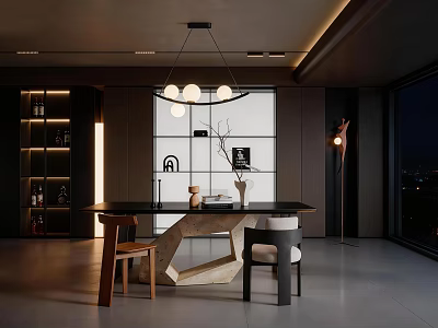 Modern Restaurant Interior With Hanging Pendant Lights Marble Dining Table Chairs And Large Windows 3d model