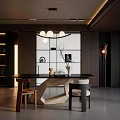 Modern Restaurant Interior With Hanging Pendant Lights Marble Dining Table Chairs And Large Windows