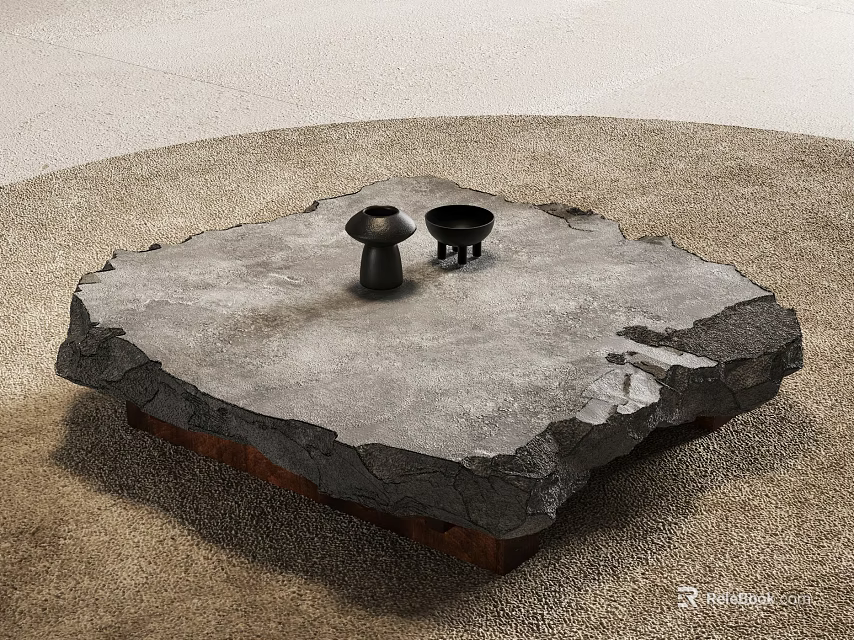 Natural Stone Coffee Table With Rough Surface And Decorative Black Objects On Beige Carpet 3d model 