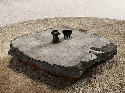 Natural Stone Coffee Table With Rough Surface And Decorative Black Objects On Beige Carpet 3d model