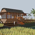 Rural Landscape With Wooden Cabin Pond Rice Field Green Grass And Palm Trees