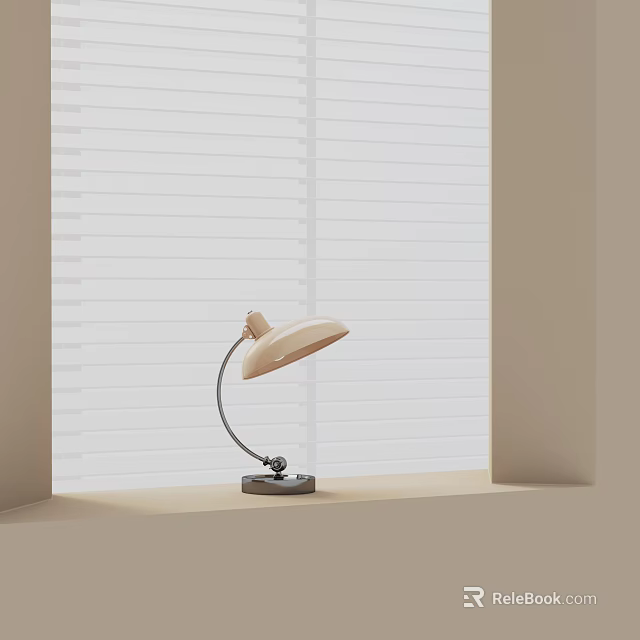 Beige Table Lamp With Curved Metal Arm On Windowsill Against White Blinds 3d model 