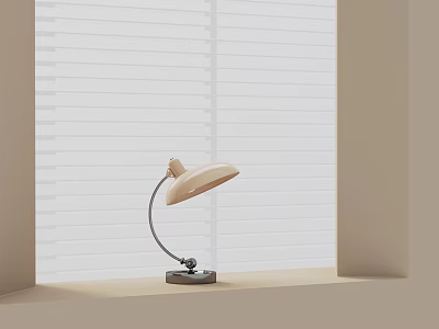 Beige Table Lamp With Curved Metal Arm On Windowsill Against White Blinds 3d model