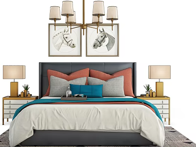Stylish Double Bed with Gray Orange Pillows Blue Cushion Bedside Tables Lamps Horse Paintings Chandelier 3d model