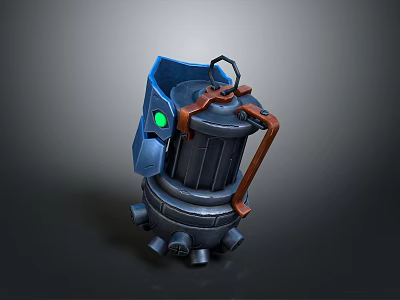 3D Model of Blue and Black Weapon with Orange Metal Parts and Green Glowing Light 3d model
