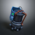 3D Model of Blue and Black Weapon with Orange Metal Parts and Green Glowing Light