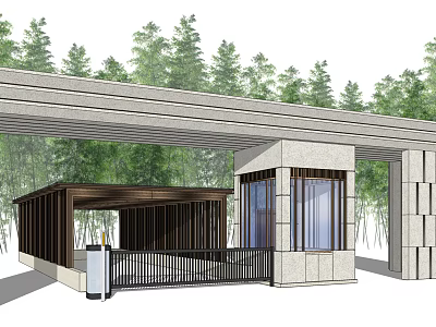 Entrance Gate Surrounded by Green Trees with Stone Columns and Wooden Pavilion 3d model