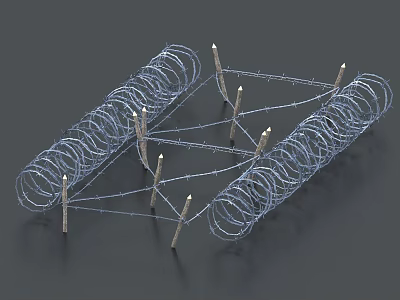 Protective Building Exterior Wall With Barbed Wire Fencing And Wooden Stakes 3d model
