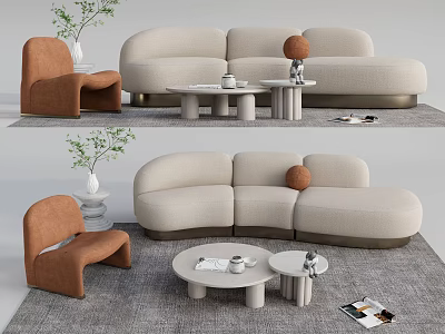 Modern Beige Sofa And Coffee Table Set With Orange Accent Chair Round Design And Rug 3d model