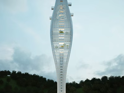 Modern Spiral Tower With Glass Facade And Metal Structure Surrounded by Green Hills 3d model