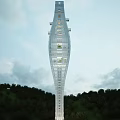 Modern Spiral Tower With Glass Facade And Metal Structure Surrounded by Green Hills