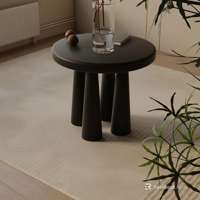 Black Round Bedside Table With Tapered Legs Glass Book And Decorative Balls 3d model 