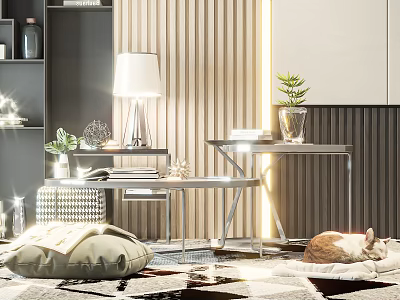 Modern Coffee Table Setup With Table Lamp Potted Plant Cat And Cozy Living Rug 3d model