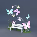 Colorful Butterfly Decorated Photo Check-in Spot With White Bench Grass And Flowers
