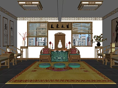 Traditional Chinese Religious Worship Hall With Altar Incense Burners And Calligraphy Scrolls 3d model