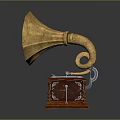Vintage Gramophone With Golden Horn Wooden Base And Decorative Turntable