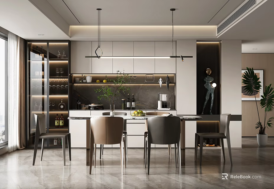 Modern Restaurant Interior Design With Dining Table Chairs Pendant Lights Wine Cabinet And Green Plant 3d model 