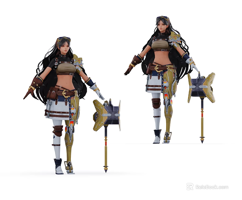 Female Fantasy Game Movie Character With Long Braided Hair Leather Armor And Gear Shaped Weapons 3d model 