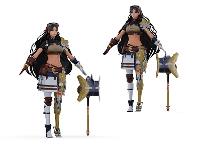 Female Fantasy Game Movie Character With Long Braided Hair Leather Armor And Gear Shaped Weapons 3d model