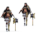Female Fantasy Game Movie Character With Long Braided Hair Leather Armor And Gear Shaped Weapons