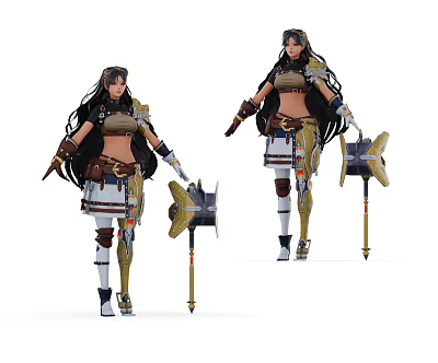 Female Fantasy Game Movie Character With Long Braided Hair Leather Armor And Gear Shaped Weapons 3d model