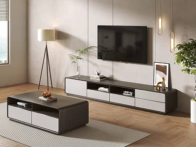 Modern Living Room TV Stand Design With Wall Mounted TV Coffee Table And Decorative Plants 3d model