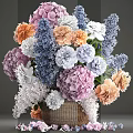 Colorful Flower Arrangement in Basket Vase with Purple Orange White Blue Hydrangeas and Peonies