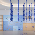 Modern Kindergarten Interior With Climbing Wall Blue Chandeliers And Colorful Floors