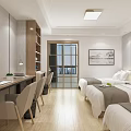 Cozy Hotel Room Interior With Twin Beds Wooden Desk And Wall Art Decorations