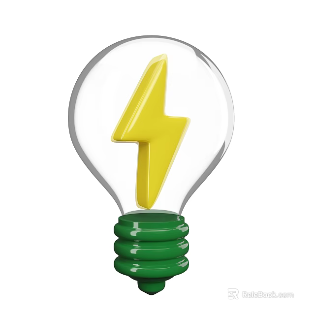 Decorative Ornament Set with Transparent Light Bulb Yellow Lightning Bolt Inside and Green Base 3d model 
