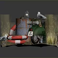 3D Scene Featuring Green Scooter Rusty Oil Drum Red White Lifebuoy Grass And Penguin