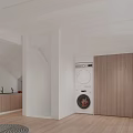 Loft Style Living Space With Light Sofa Skylight Refrigerator And Wood Accents
