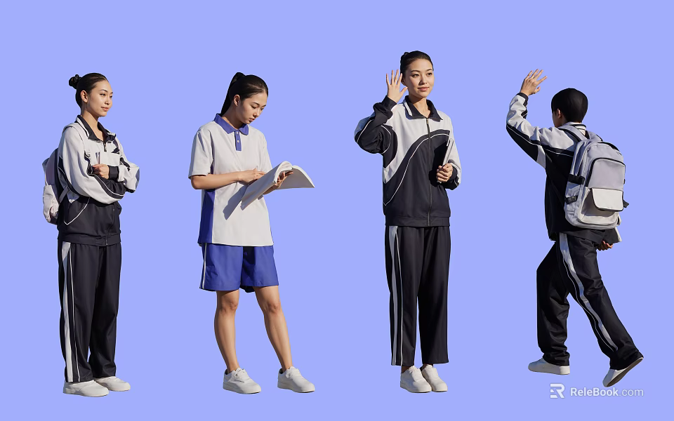 Group of Students in School Uniforms Reading Waving and Carrying Backpacks 3d model 