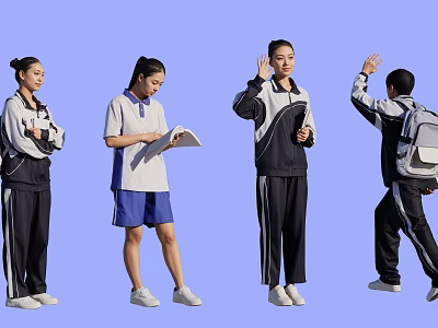 Group of Students in School Uniforms Reading Waving and Carrying Backpacks 3d model