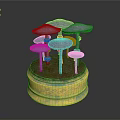 Purple Mushroom Shaped Plants On Golden Base With Woven Pattern And Green Stem Accents