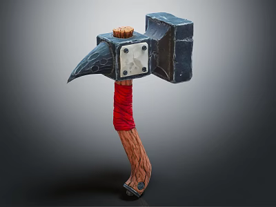 Detailed Fantasy Decorative Hammer With Wooden Handle Red Straps And Metal Head 3d model