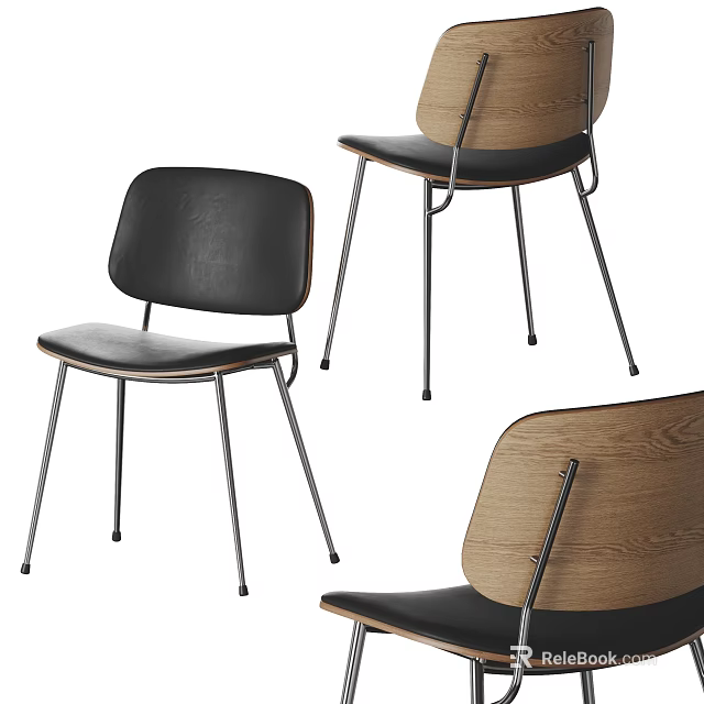 Modern Dining Chairs With Wooden Backrest Black Seat And Metal Legs Design 3d model 